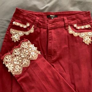 Burgundy allele jeans embellished silver & pearl